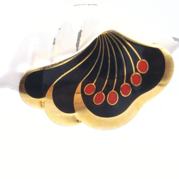 Laurel Burch "Le Fleur" Clip Earrings, Black Red Enamel, Gold Plated, 1980s - Picture 7 of 10